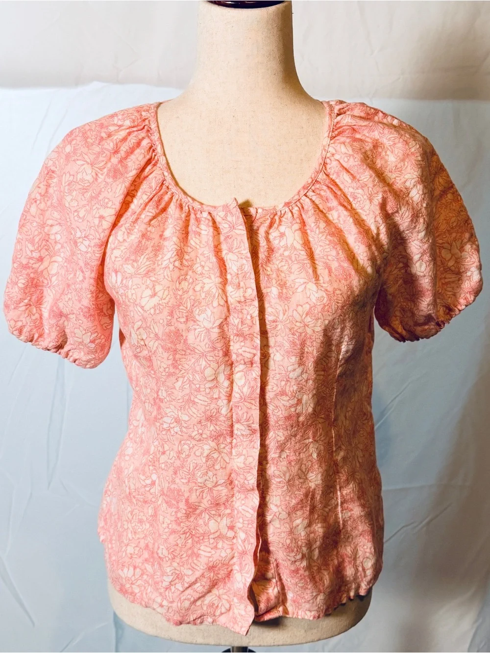 J. Crew 100% Linen Coral pink Floral Scoop-Neck Puff Sleeve peasant, cottagecore